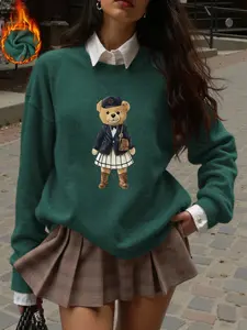 Women's Cute Bear Print Top, Casual Autumn & Winter Crew Neck Sweater Pullover, Soft and Comfortable Fitted Design for Everyday Wear