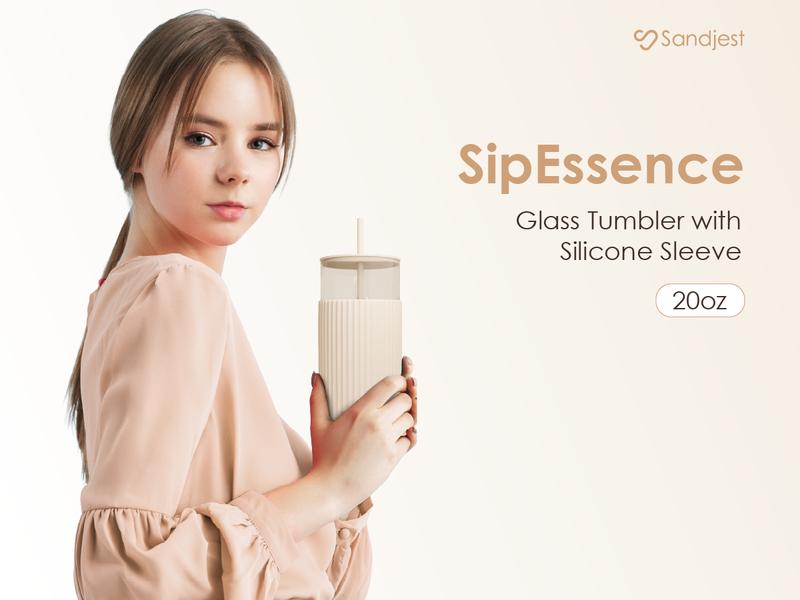 Sandjest Glass Tumbler 20oz with Straw and Lid, Glass Water Bottle with Silicone Sleeve, Smoothie Iced Coffee Cup Drinkware Home Office Christmas Gift