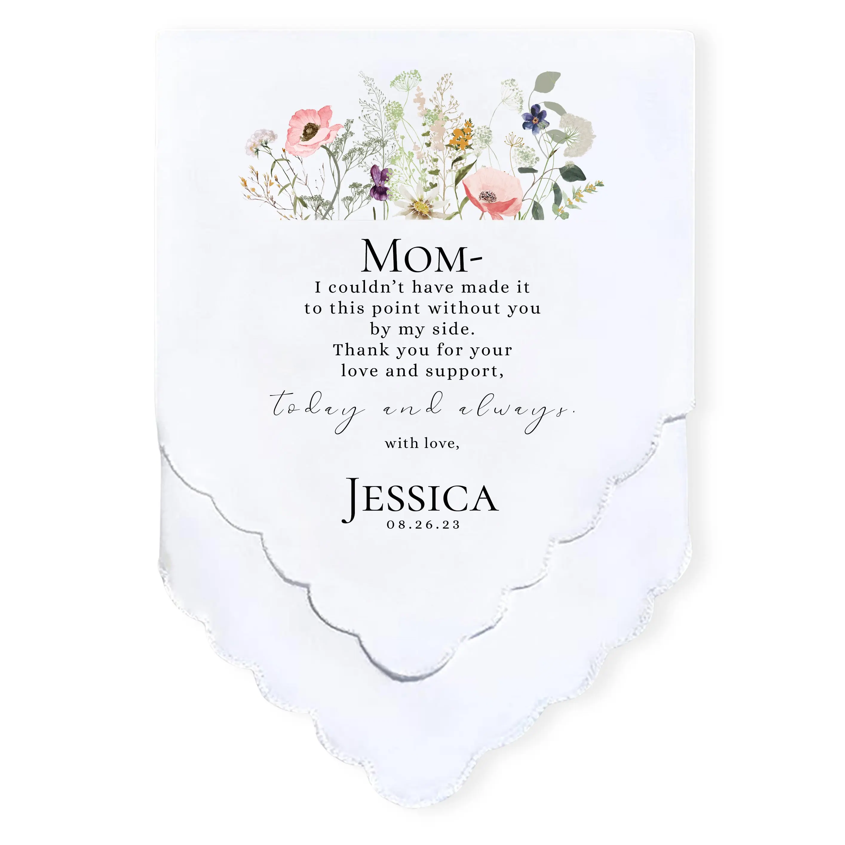 Personalized Wedding Handkerchief - Heartfelt Gift for Mother of the Bride - Thoughtful Customized Gift for Mom from Bride - Custom Gift Keepsake for Mom with Boho Wildflowers