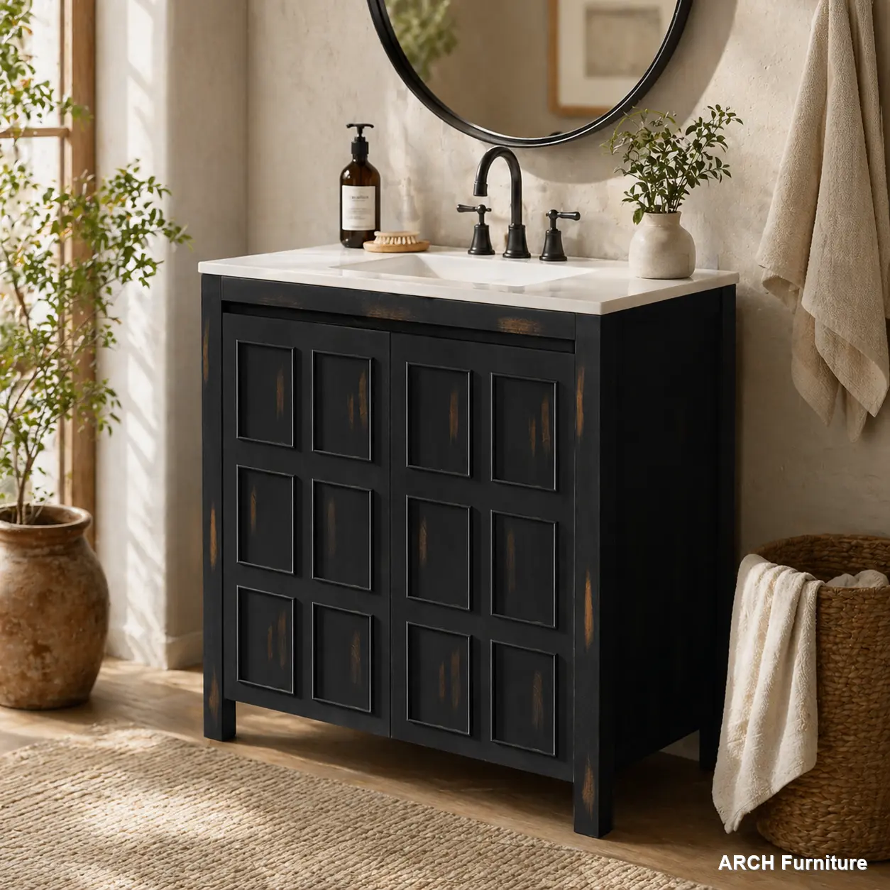 36 in Handcrafted Wood Vintage Espresso Luxury Bathroom Floor Cabinet - ARCH Vanity Organizer for Transitional Interior Design, Ceramic Sink, High-Capacity Hinged Compartments, All-in-1 Paint-Finished Hardware Storage Unit (Old SKU:SV000004AAE-2)
