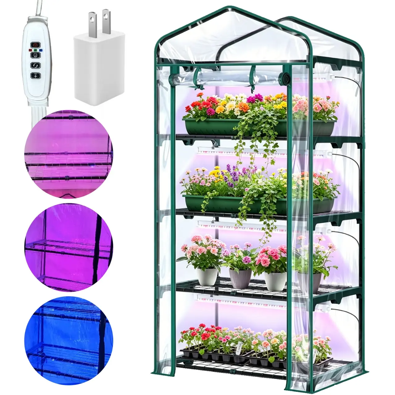ArtBeek Small Green House with 4 Tier Shelves, Portable Plastic Greenhouses with Heavy Duty Transparent PVC with Plant Growing Lights