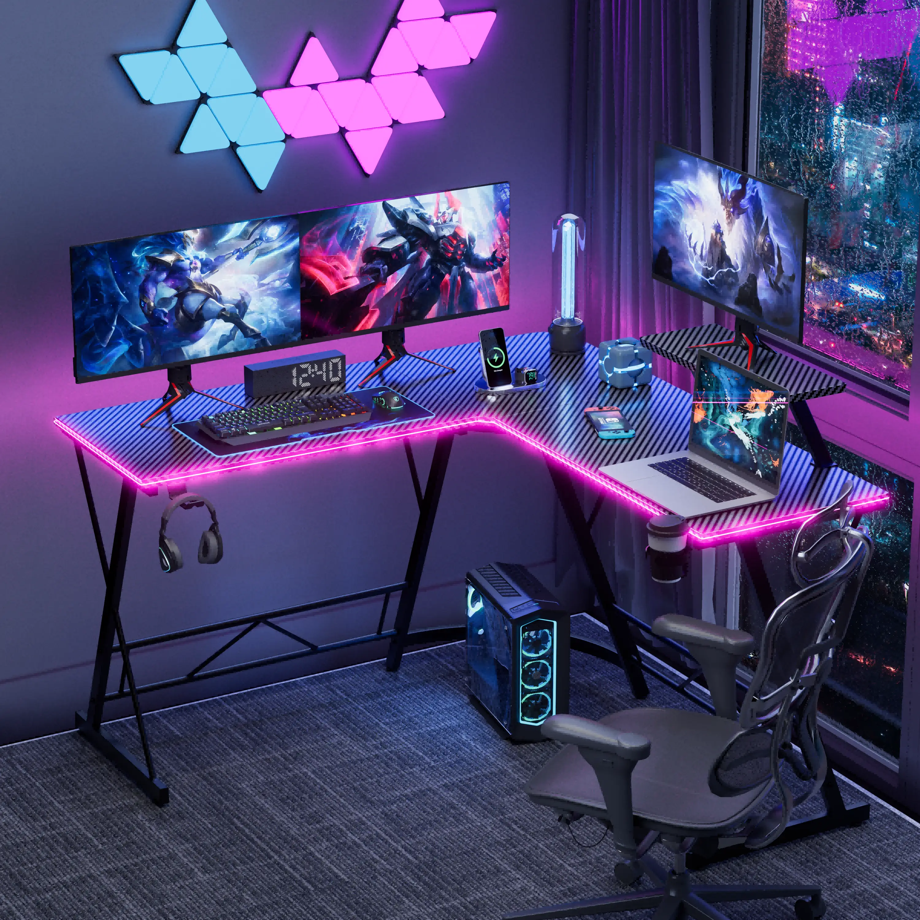 Mr IRONSTONE L Shaped Gaming Desk with Led Lights Corner Computer Desk with Carbon Fiber Surface, L shaped desk, Home Office Desks Writing Workstation