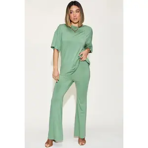 Basic Bae Full Size Bamboo Drop Shoulder T-Shirt and Flare Pants Set