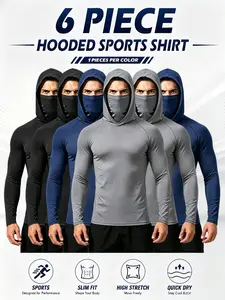 6-piece set men's outdoor work sun protection clothing with sun-blocking hoodie, featuring built-in face mask and neck guard, breathable long-sleeve hoodie