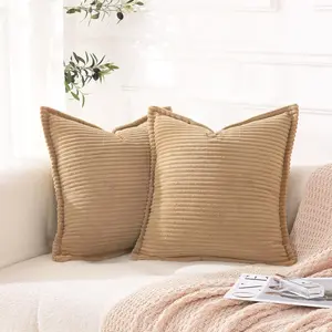 Corduroy Beige Throw Pillow Covers Set of 2 Striped Boho Decorative with Edge Design,Super Soft Khaki Throw Pillow Cushion Covers for Couch Sofa Living room Solid Square 18*18inch,Light Brown