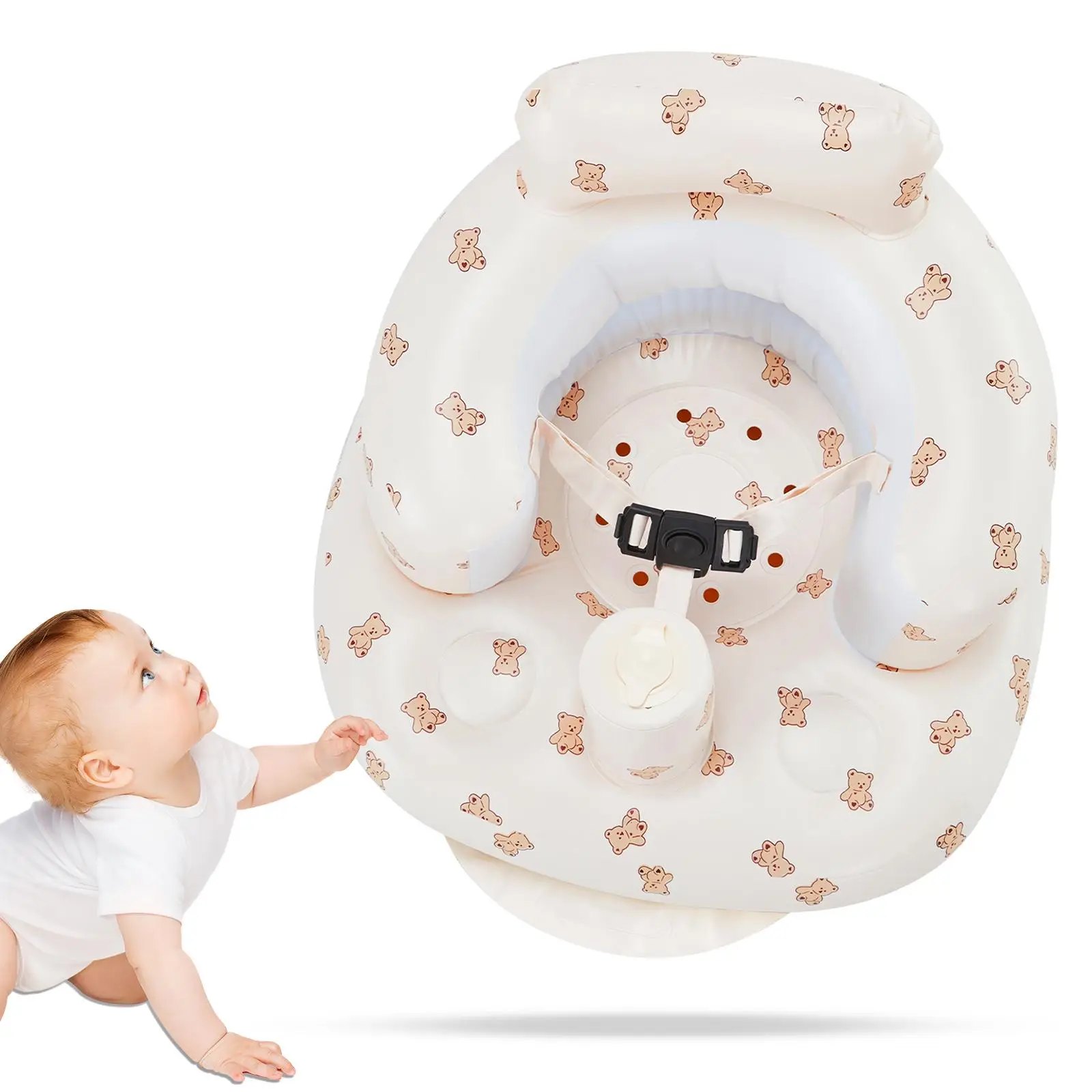 Inflatable Baby Chair, Cute Bear Design Inflatable Cushion Baby Seat with Safety Belt & Built-in Pump, Baby Furniture for Home & Travel, Baby stuff