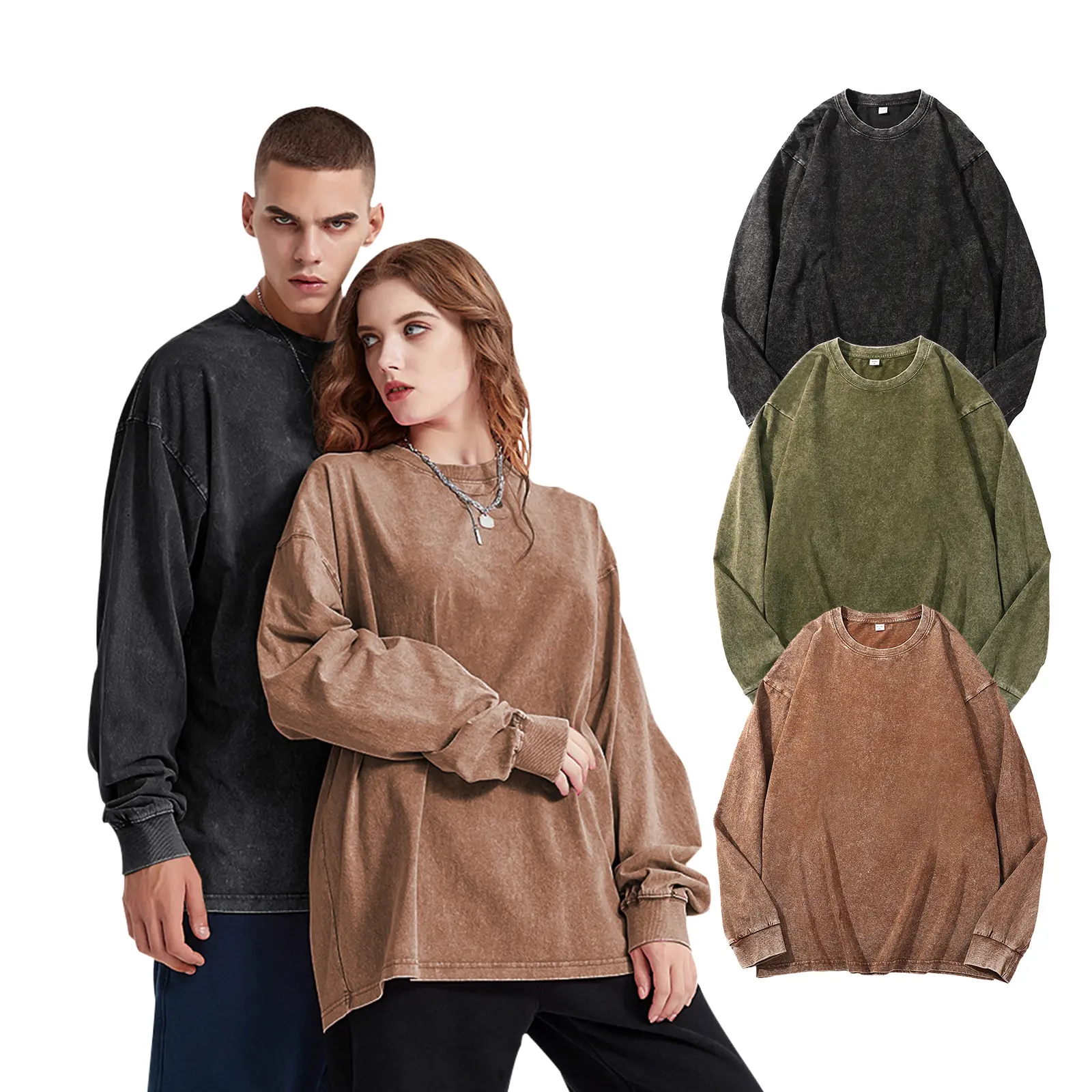 3 Pack Oversized T-Shirts Cotton Long Sleeve Unisex American Vintage Acid Wash Baggy T-Shirts for Casual Wear Streetwear