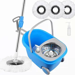 (Clearance) Blue Viral Spin Mop Bucket Set with 61in Extended Stainless Steel Pole Movable Wheels PP Material for Easy Cleaning