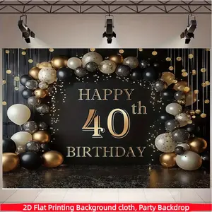 Black gold 40th birthday background banner, black gold balloon "Happy 40th Birthday" slogan, made of polyester material, suitable for living rooms, bedrooms, offices, birthdays, anniversaries, home decoration, outdoor and indoor parties