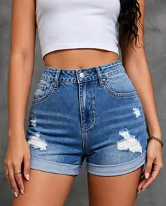 Women's High-Waisted Ripped Distressed Cuffed Stretchy Washed Denim Shorts, Womenswear Bottom for Summer Casual Wear