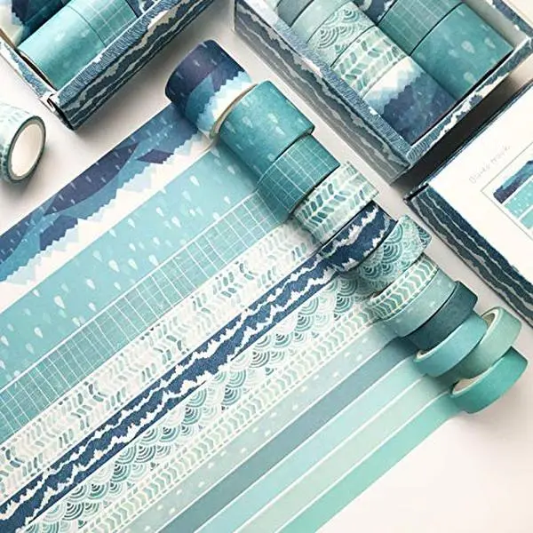 Washi Tape Set, 12 Rolls 4 Size Decorative Masking Washi Tapes for Craft, Scrapbook, DIY, Planners,  Wrapping (Blue Track)