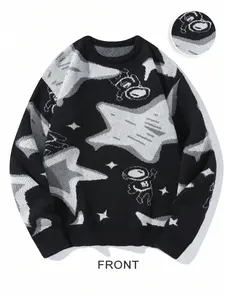 Unisex High-Quality Soft Pullover Sweater, Autumn Winter Round Neck Irregular Symbol Print Knitwear, Casual Fitted Daily Commute Wear