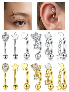 Cz Rook Piercing Jewelry, 16g Stainless Steel Eyebrow Rings, Heart & Moon-Shaped, 8mm Rook Earrings, Punk Style, All Seasons