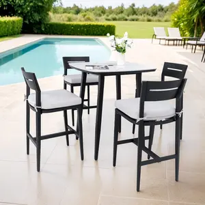 Donext Modern 5PC Outdoor Patio Bar Set with 35.4'' Sintered Stone Table & 4 Aluminum Stools Ember Black Greek White Marble-Inspired Top Tapered Legs Sunbrella Cushion Weather-Resistant Fire Safety Label