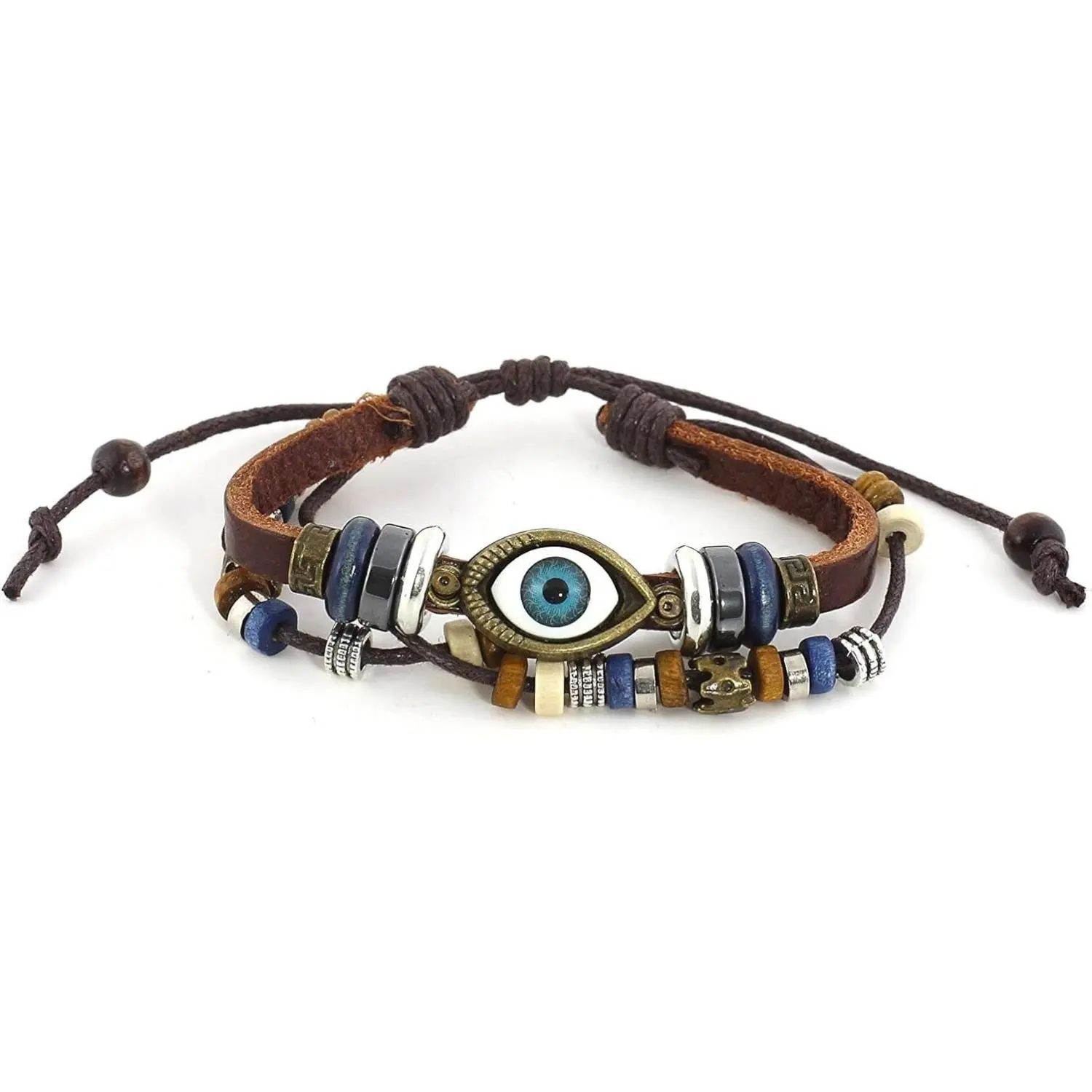 Beaded Eyeball Charm Bracelet Blue Eye Gold Tone Brown Leather Cuff Bangle Fashion Jewelry Adjustable Fit & Design Unique Whimsical Accessory