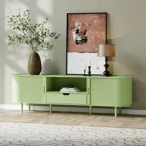 【SummerVibes】DHH 70" / 86" Fluted TV Stand with Power Outlet for TVs Up to 90", Mid-Century Modern Entertainment Center, Tambour Sliding Door Media Console outdoorfun
