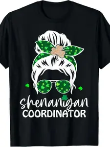 Shenanigans Coordinator St Patrick'S Day Messy Bun Women Mom T-Shirt| Same Style for Men and Women,  Summer Short-Sleeved Printed T-Shirt, Pure 220G, Vintage Style, Crew Neck, Regular Fit, All-Season, Slight Stretch Fabric