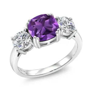 Gem Stone King 3.10 Cttw Purple Amethyst and Lab Grown Diamond Engagement 3-Stone Ring For Women | 925 Sterling Silver | Cushion 8MM and Round 5MM | Gemstone Birthstone | Available In Size 5-9