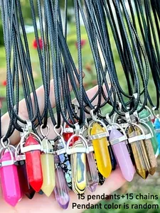 15PCS Chakra Crystal Hexagon Pendants Adjustable Simulation Necklace Set for Jewelry Making DIY Bracelet Earrings Necklace with 15 Cords 15 Pendants