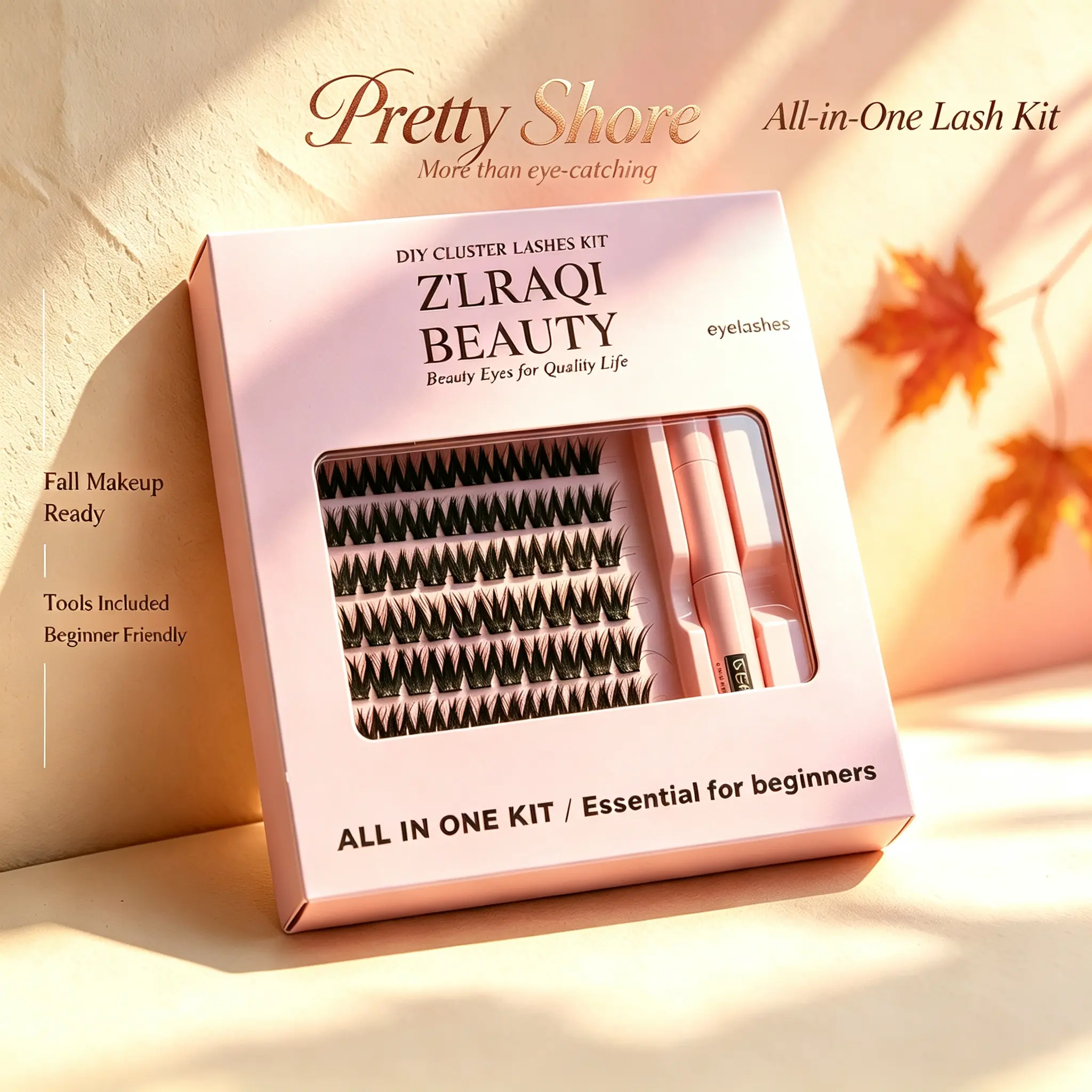 PrettyShore  Crown of Splendid Feathers Lash Cluster Eyelashes Kit, Home-Use Complete Makeup Kit - Full Flares, Wispy Clusters, Bond, Seal, Applicator, 10-16mm Mixed Lengths