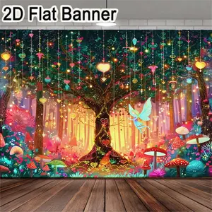1pc, easter backdrop, easter bannerEnchanted forest-themed backdrop featuring a large ancient tree with heart-shaped patterns, glowing ornaments, and whimsical fairies, perfect for magical party decorations, photography props, indoor/outdoor event