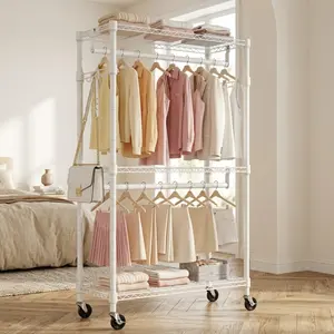 Littleox Heavy Duty Rolling Garment Rack 3 Tiers Adjustable Wire Shelving Clothes Rack with 2 Rods and Side Hooks,Storage Closet Clothing Rack with Wheels White 15.7" D x 29.5" W x 74.5" H