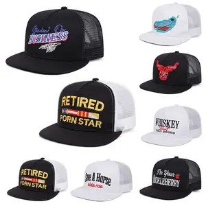 Multi-style Embroidered Summer Breathable Sun Hat Unisex Fashion Adjustable Retro Hard Top Flat Brimmed Half Mesh Cap for Adults