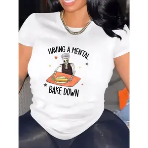 Women's Heavyweight Pure Cotton Short-Sleeve Round Neck Skeleton T-Shirt - "Having A Mental Breakdown" Print, Streetwear Athletic Top, Versatile for Thanksgiving, Easter, Valentines Day