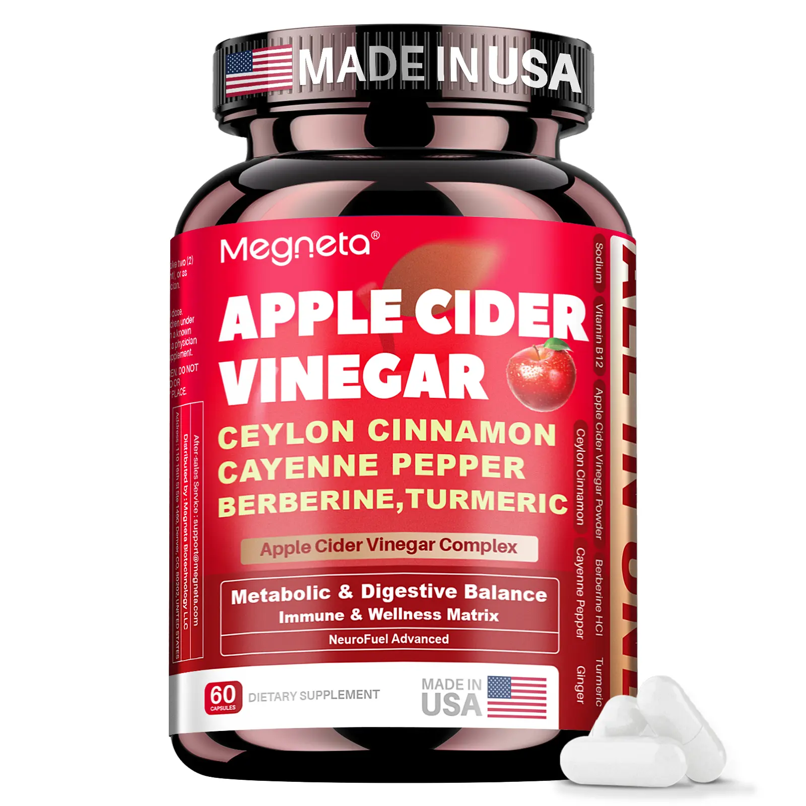 Megneta Apple Cider Vinegar Complex – Berberine, Ceylon Cinnamon, Cayenne Pepper & Turmeric – Metabolism & Digestive Support Formula – 60 Capsules
