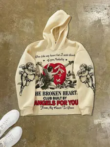 Men's Angel & Letter Print Hoodie, Regular Fit Casual Street Soft Comfy Long Sleeve Hooded Sweatshirt for Daily Wear, Men's Clothes for Spring & Fall