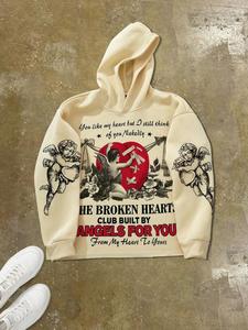 men's angel & letter print hoodie, regular fit casual street soft comfy long sleeve hooded sweatshirt for daily wear, men's clothes for spring & fall