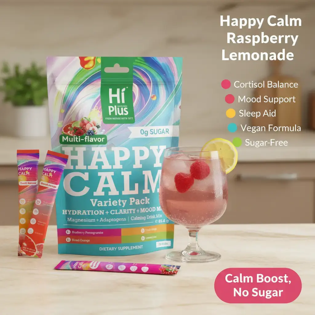 HiPlus Happy Calm Raspberry Lemonade Drink Powder - 20 On-the-Go Packets, Women's Vegan Sugar-Free GMO-Free Dietary Supplement with L-Theanine, KSM-66 Ashwagandha, Magnesium Complex, Vitamins for Cortisol Balance, Mood Support, Sleep Support, pH Balancing
