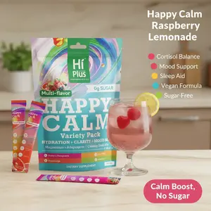 HiPlus Happy Calm Raspberry Lemonade Drink Powder - 20 On-the-Go Packets, with L-Theanine, KSM-66 Ashwagandha, Magnesium Complex, Dietary Vitamins for Women, Supports Cortisol Balance, Mood, Sleep, Vegan, Sugar-Free, GMO-Free, pH Balancing