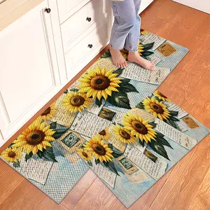 1/2/3PCS Vintage Newspaper Background Sunflower Kitchen Rug Set,Farmhouse Simple Floor Mats,Non Slip Washable Foldable Durable Pineapple Texture Design Mats for Kitchen,16"X24"/20"X32"/20"X47"