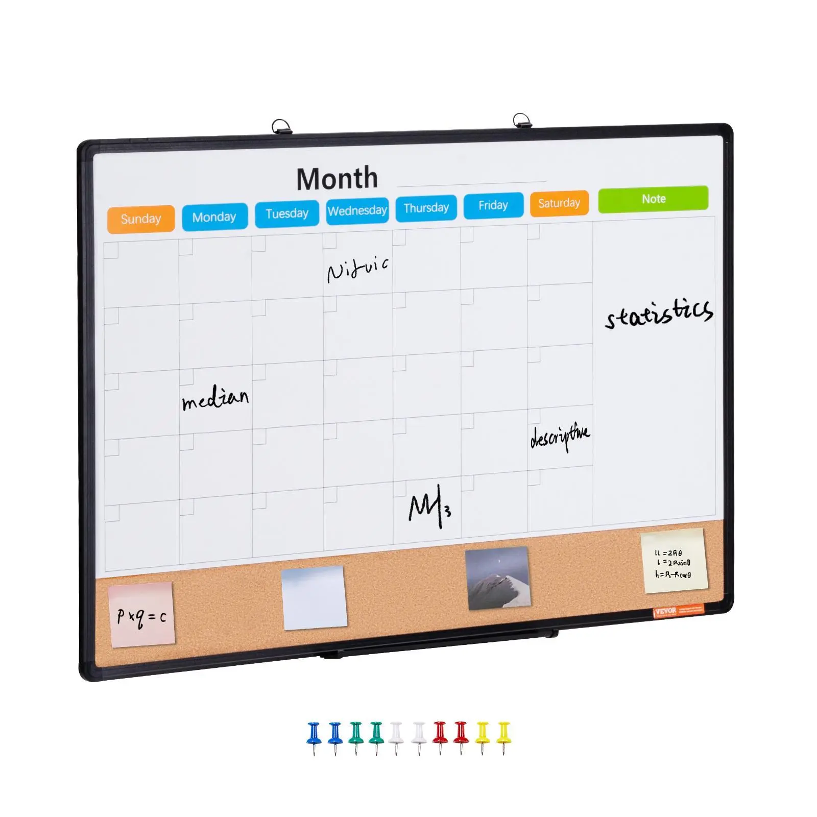 VEVOR 36"x24" Multi-Use 2-in-1 Magnetic Dry Erase & Cork Board Combo with Aluminum Frame, Calendar Display, 5-Layer Corrugated Paper, 10 Push Pins, Wall Mount for Office, Children’s Rooms, Classroom, Kitchens