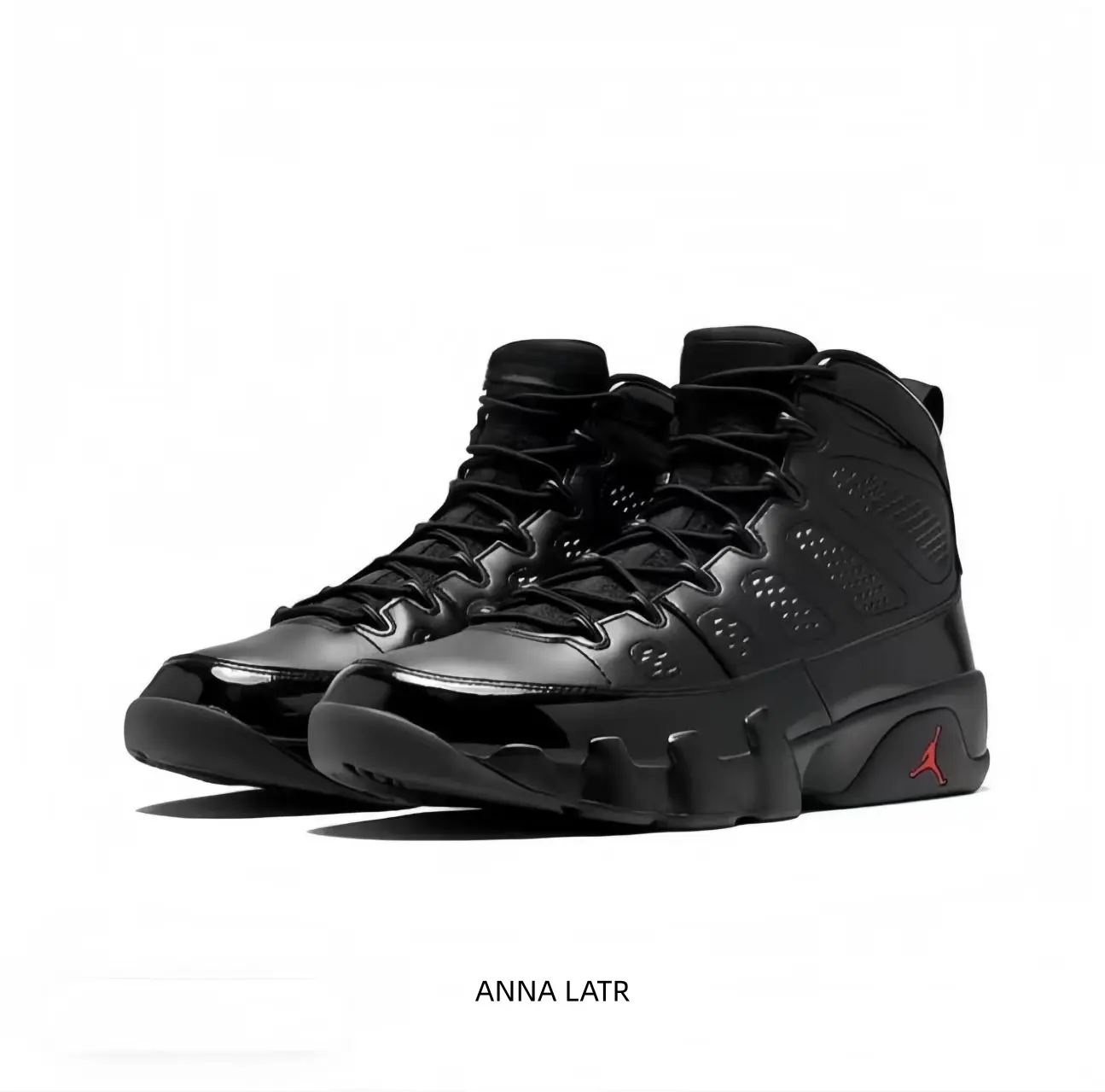 Sleek all-black high-top sneakers featuring glossy patent leather panels and breathable side perforations. Retro basketball silhouette with visible air cushioning for all-day comfort.
