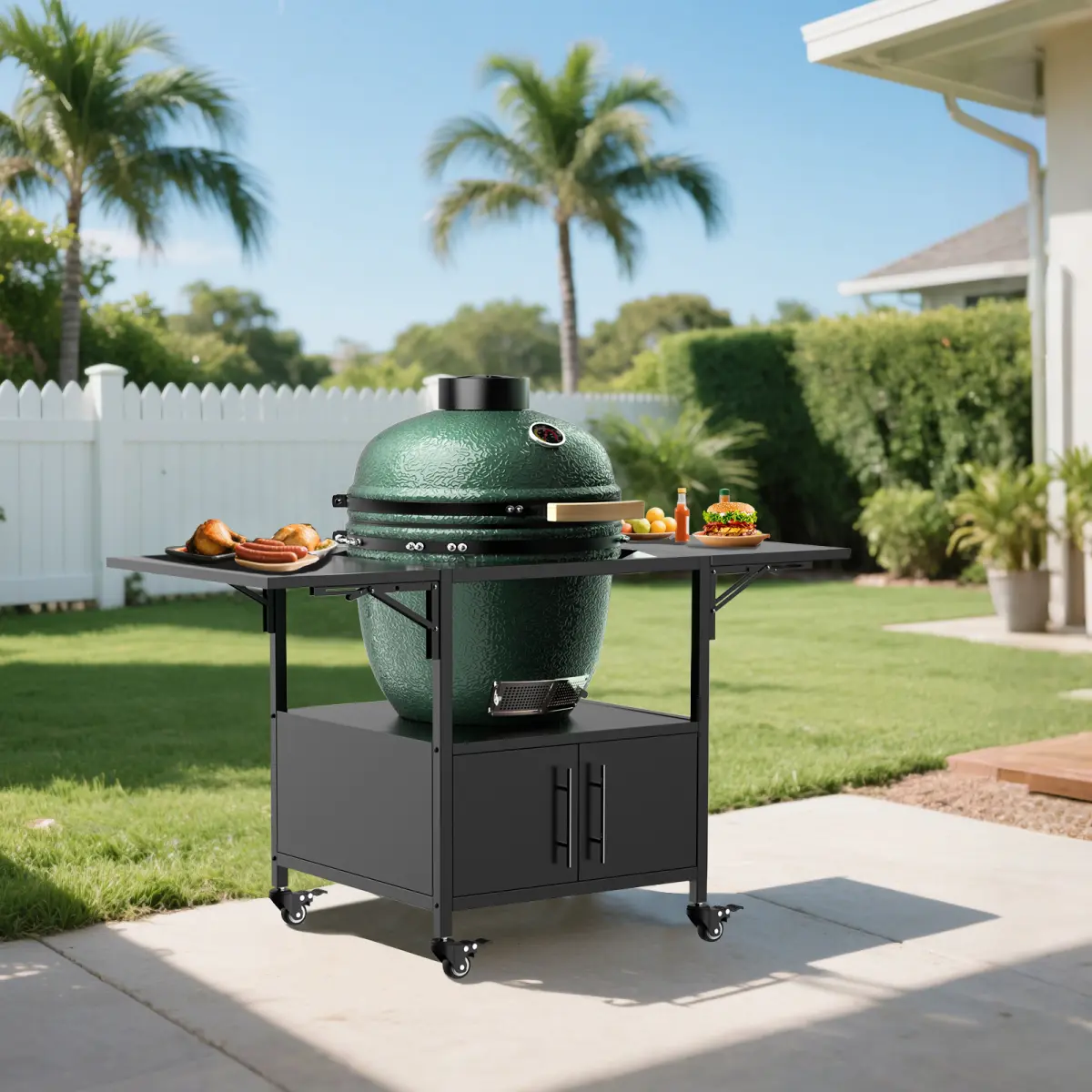 Sturdy Foldable Outdoor Metal Grill Table for Big Green Egg Style Cooking BBQ, Grill Cart with 2 Folding Panels, Compatible with Up to Large Green Egg, Kamado Joe Jr, Barbecue Grill