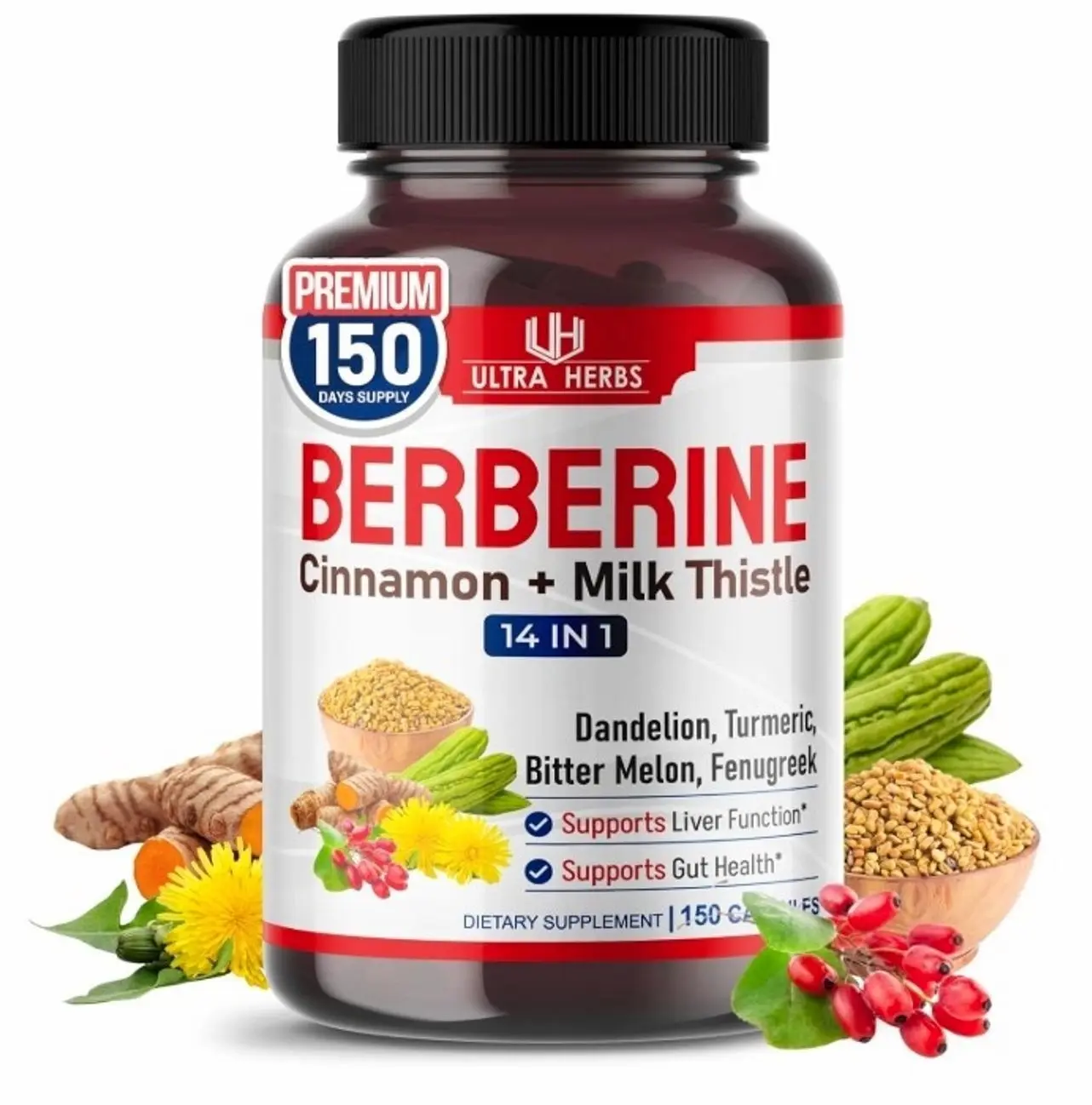 Ultra Herbs Premium Berberine with Cinnamon, Milk Thistle - Promotes Liver Function, Gut Health, Immunity (150 Count (Pack of 1))