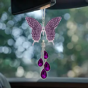 Moving Butterfly Car Mirror Decor with Crystal Drops Pink Purple Fluttering Butterfly Aesthetic Car Accessories for Women Girls, Perfect Mother’s Day Gift