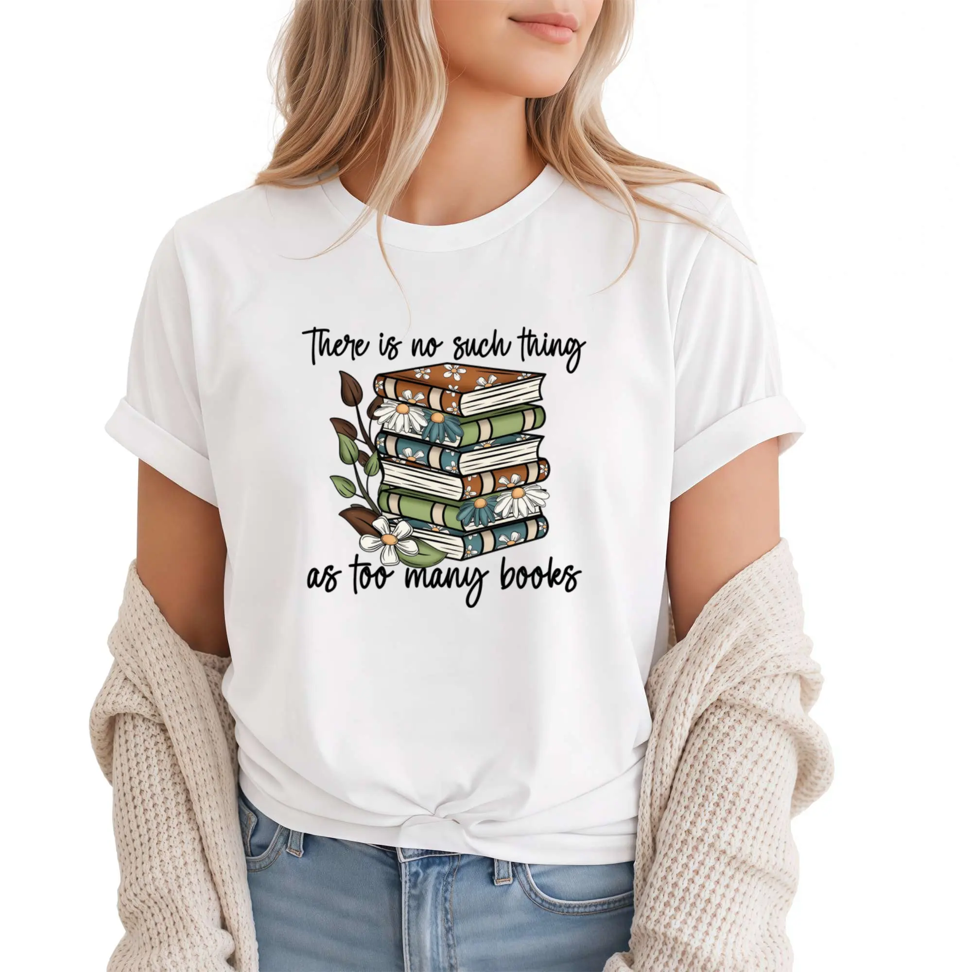 Daisy Book Stack Print T-Shirt, Whimsical Book Lover Top, Retro Floral Book Stack Short Sleeve, Heartwarming Gift for Bookworm Moms, Literature Lovers & Reading Enthusiasts, Suitable for Daily Wear, Campus, Library Visits, Nashville Trips & Country