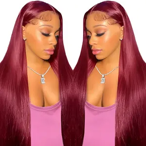 Spring Musts Flash Sale 99J Burgundy Straight High-Quality Human Hair Wigs Pre Plucked Wine Red Colored 13*6 HD Lace Front Wigs For Women Scalp-friendly Wear Soft Lightweight Bouncy Tangle Free Can Be Restyled