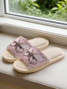Women's Butterfly Print Linen Slippers, Breathable Sweat-Wicking Eva Sole, Anti-Slip Quiet Home Shoes, All Seasons Casual Footwear