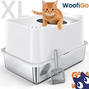 WoofiGo XL Stainless Steel Cat Litter Box Large Top Entry for Big Cats Rust-Resistant Enclosed Pan with Lid Never Absorbs Odors Easily Cleanable Includes Scoop