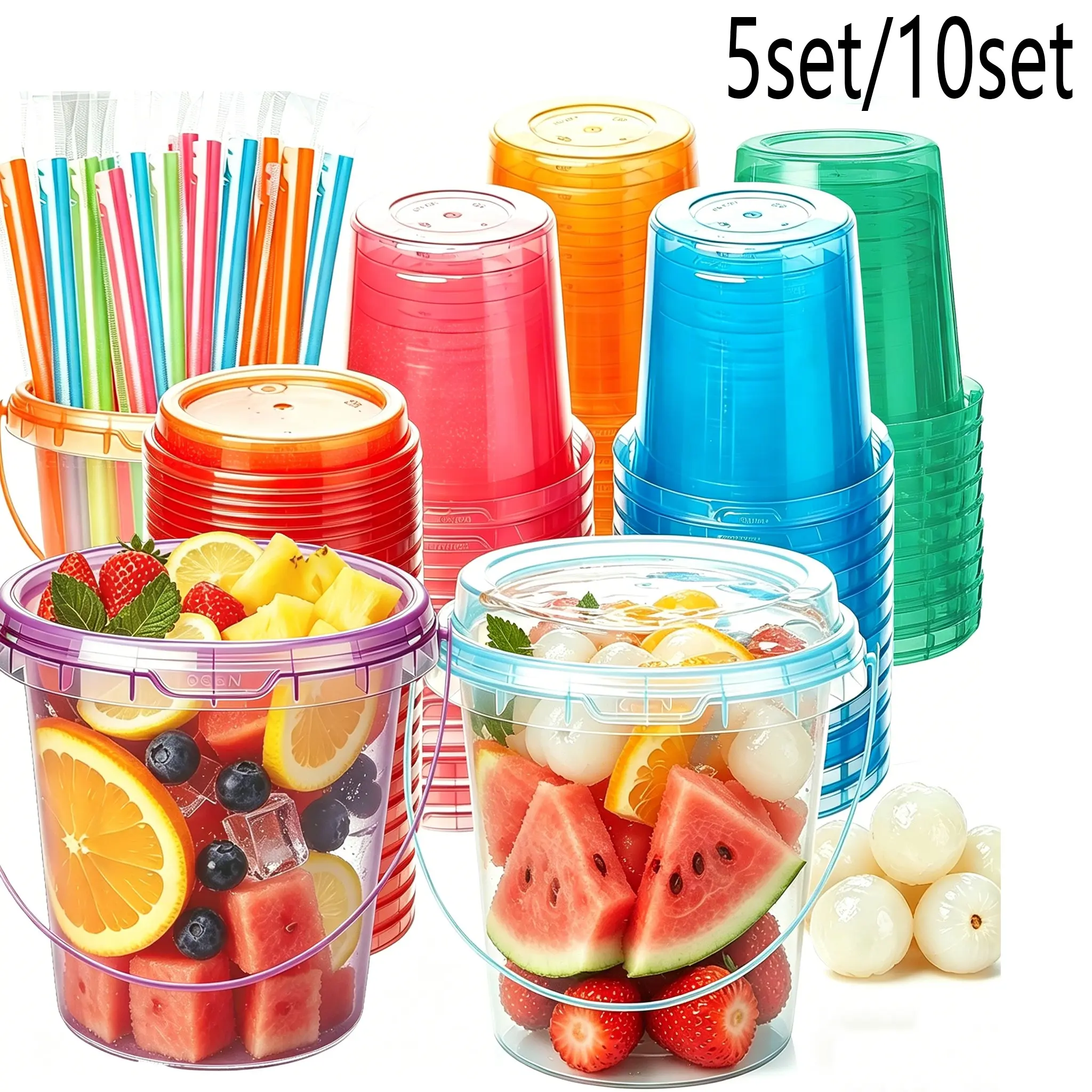5/10 Sets 34oz Disposable Plastic Drink Cups, Disposable Drinkware with Lids and Straws, Ice Coffee Mugs, Rum Buckets for Cocktail Parties, Beach Pool Party Supplies, Disposable Products