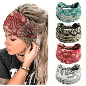 Women's Paisley Pattern Hairbands Set of 4, Elastic Wide Sweat-Wicking Yoga Running Headbands, Elegant Boho Style Accessories, Sports Headband