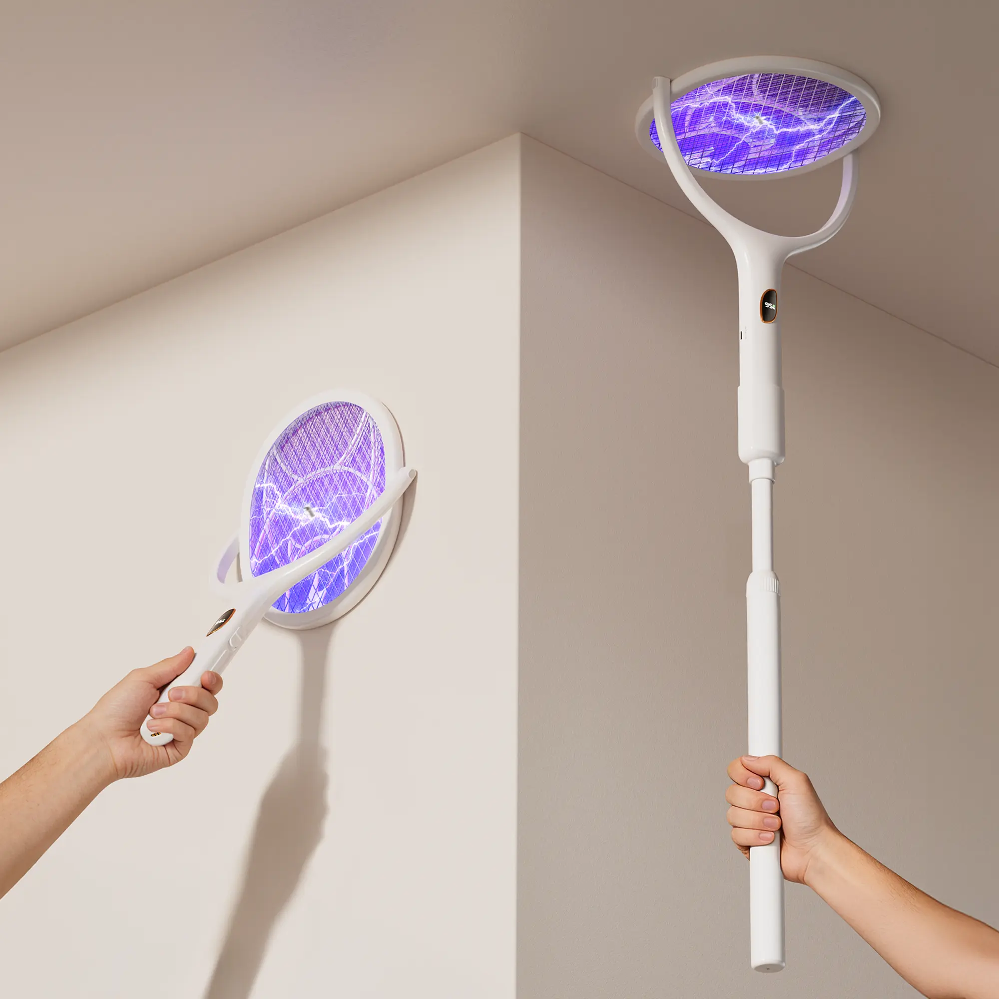 【Back to School】Electric Fly Swatter Racket with Rotating Head, 4100V USB Rechargeable Mosquito Zapper with 2600mAh Battery, Extendable Fly Killer Racket, 2-in-1 Cool Gadgets for Indoor Home, Patio, Backyard, Camping