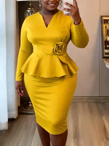 Plus-Size Women's V-Neck Dress: Featuring 3D Floral Appliqués, Ruffles, and a Slim-Fit, Body-Hugging Silhouette—Perfect for Church Events, Dinner Parties, Weddings (as a Guest), Cocktail Receptions, Formal Wear