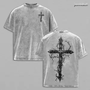 Thorn Cross Gothic Art Vintage Washed Graphic Tee Mens Unisex Oversized T Shirt Christian Streetwear Gym Pump Cover Faith Based Apparel Bible Verse Heavyweight Y2K Dark Aesthetic Grunge Jesus Trend Church Outfit Workout Top Retro Holy Clothing