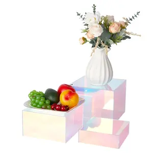 Iridescent Risers Display Stands 3 Pack Buffet Riser Cubes Acrylic Translucent Food Display Risers for Party Nesting Showcase Hollow Colorful Decor Organiser Racks Boxes Light