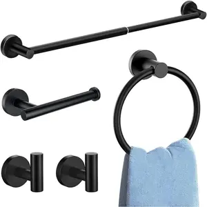 5- Bathroom Accessories Set, Rustproof Stainless Steel Wall Mounted, Extendable Towel Bar 12.8-24.8 Inch, Toilet Paper Holder, Towel Ring & Robe Hooks, Heavy Duty Bath Storage (Black)